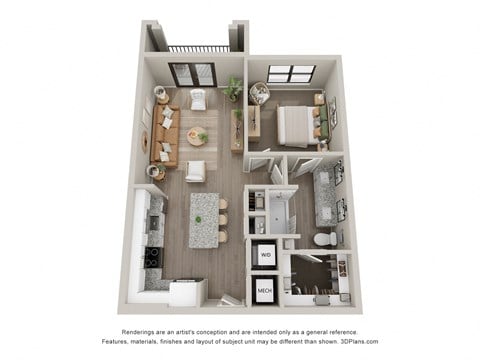 Floor plan for 1 bed, 1 bath, 748 sqft